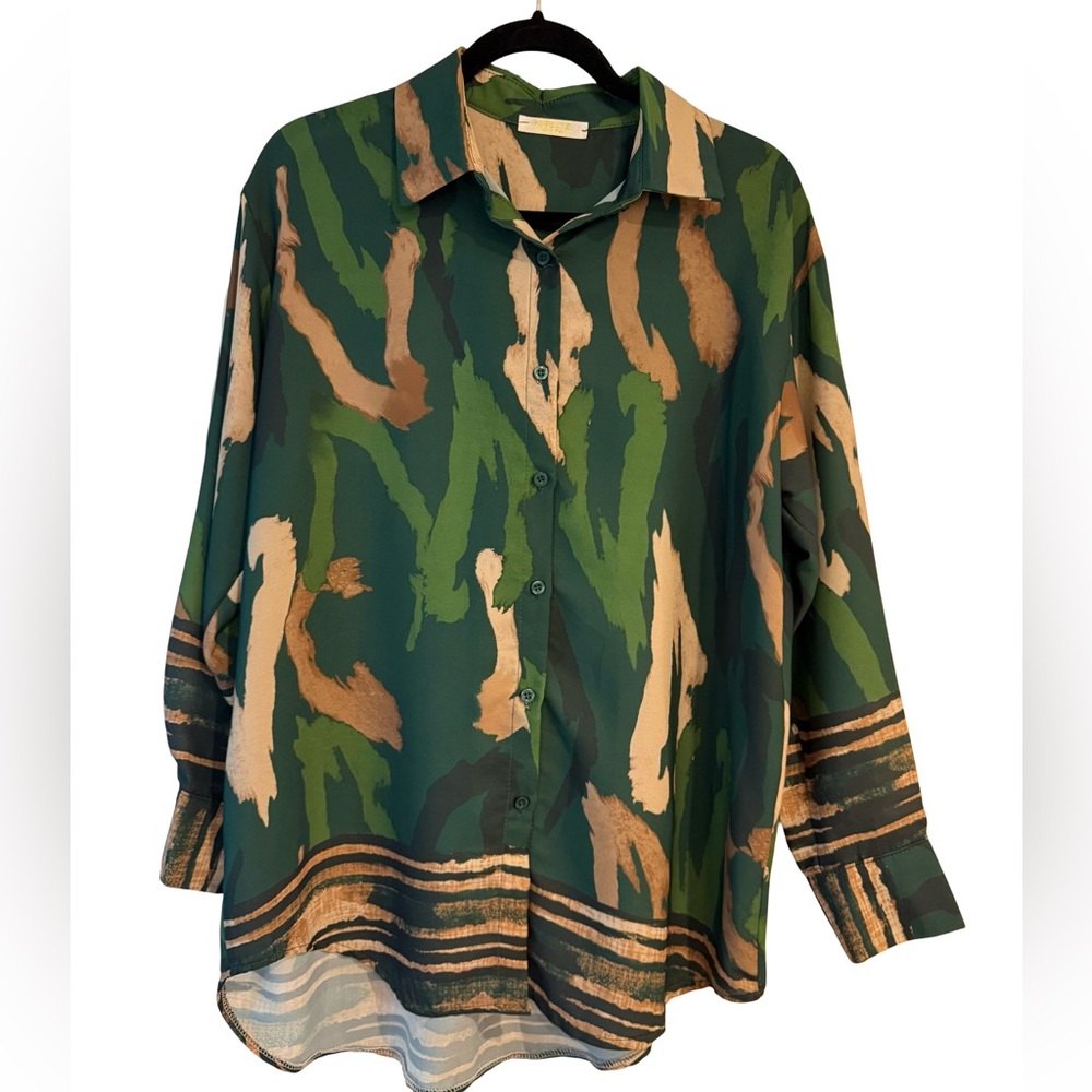 Mirelle Italy Abstract Print Button Up Blouse Green Tan Border Hem Women XL